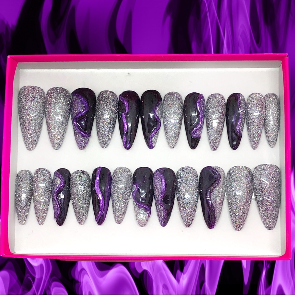 *SOLD* Handmade Press On Nails Long Almond Shape Full Set UV Gel Purple & Holo … - Picture 4 of 13